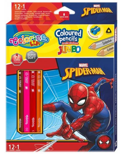 Цветни моливи Colorino - Marvel Spider-Man Jumbo, 12 + 1 цвята и острилка - 1