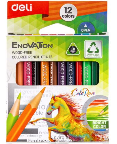 Цветни моливи Deli Enovation - EC114-12, Mini size, 12 цвята - 1