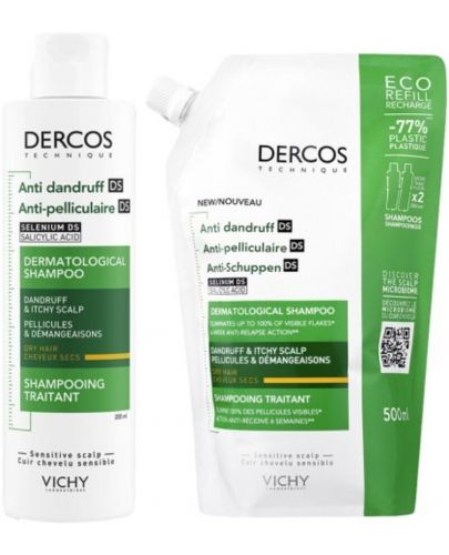 Vichy Dercos Комплект - Шампоан против пърхот за суха коса Anti-dandruff DS + Пълнител, 200 + 500 ml - 1