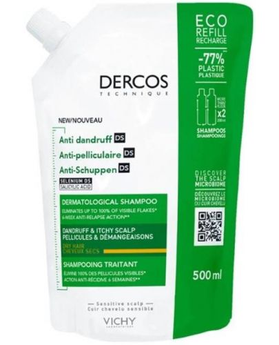Vichy Dercos Шампоан против пърхот за суха коса Anti-dandruff DS, пълнител, 500 ml - 1