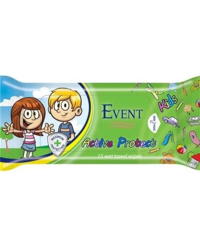 Влажни кърпи за ръце Event - Kids Active Protect, зелени, 15 броя - 1