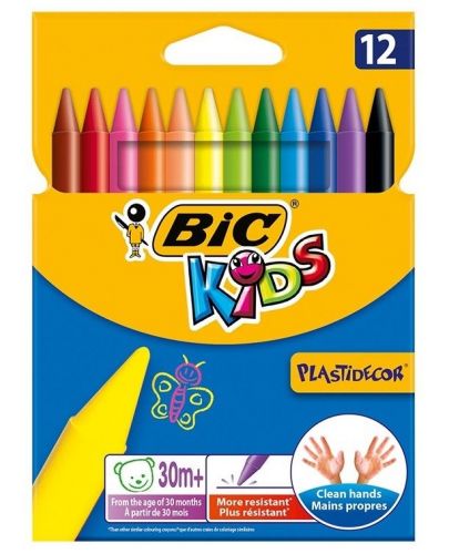 Восъчни пастели BIC Kids - Plastidecor, 12 цвята - 1