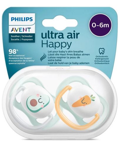 Залъгалки Philips Avent - Ultra Air Happy, 0-6 м, 2 броя, авокадо и морков - 4