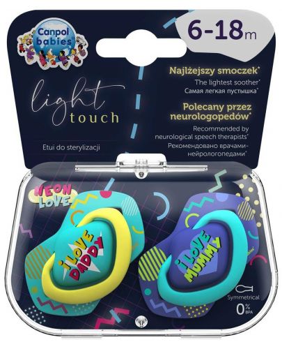Залъгалки Canpol Light touch - Neon love, 6-18 месеца, 2 броя, сини - 8