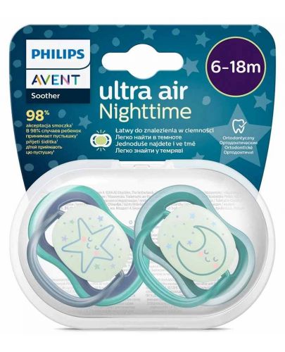 Залъгалки Philips Avent - Ultra Air Night, 6-18 м, 2 броя, звезда и луна - 6