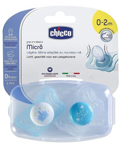 Комплект биберони-залъгалки Chicco - Physio Micro, 2 броя, 0-2 месеца, за момче - 1