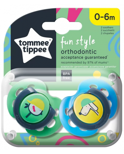 Залъгалки Tоmmee Tippee - Fun Style, 0-6 месеца, птица/куче, 2 броя - 1