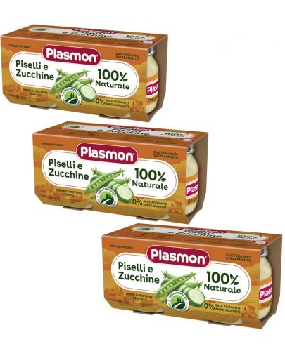 Зеленчуково пюре Plasmon - Грах с тиквички, 6+ м, 6 броя х 80 g - 1