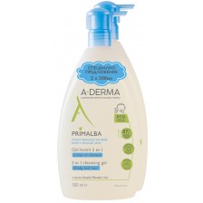 A-Derma Primalba Почистващ гел за коса и тяло, 2 x 500 ml (Лимитирано) -1