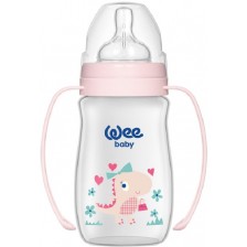 Бебешко шише с широко гърло и дръжки Wee Baby Classic Plus, PP, 250 ml., розово с динозавър