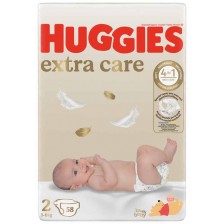 Бебешки пелени Huggies Extra Care - Размер 2, 3-6 kg, 58 броя