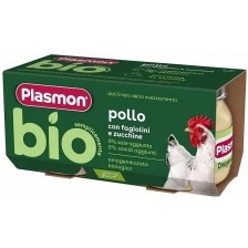 Био пюре Plasmon - Пиле със зелен фасул и тиквички, 6 м+, 2 х 80 g -1