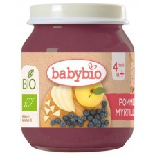 Био плодово пюре Babybio - Ябълка и синя боровинка, 130 g 