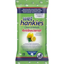 Clean & Refresh Антибактериални мокри кърпи, лимон, 15 броя, Wet Hankies -1