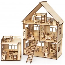 Дървен сглобяем комплект Woodpy - Къща за кукли с мебели, 296 части