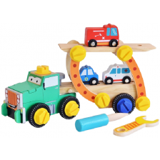 Дървен конструктор Acool Toy - Камион с пожарна, линейка и полицейска кола, 49 части -1