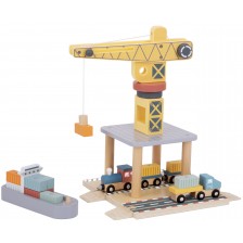 Дървен комплект Tooky Toy - Пристанищен кран с аксесоари -1