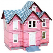 Дървена къща за кукли Melissa & Doug - Викторианска, розова -1