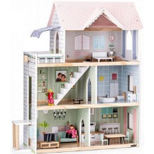 Дървена къща за кукли Woody - Моли, с обзавеждане и кукли -1