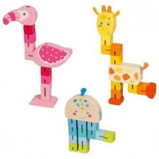 Дървен детски пъзел Goki - Жираф, фламинго, октопод, асортимент -1