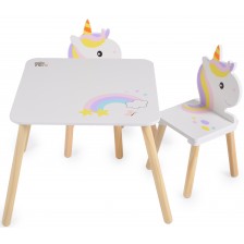 Дървен сет Moni Toys - Маса с два стола, unicorn -1
