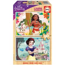 Детски дървен пъзел Educa от 2 x 50 части - Дисни принцеси: Ваяна и Снежанка -1