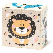 Дървени кубчета Cubika - Животни, 4 кубчета, 6 пъзела -1