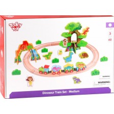 Дървена играчка Tooky toy - Джурасик парк с влак и динозаври -1