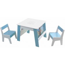 Детска дървена маса с 2 столчета и място за съхранение Ginger Home - Бяла със синьо