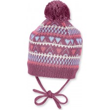 Детска плетена шапка с връзки Sterntaler - Със сърца, 51 cm, 18-24 месеца, тъмнорозова -1