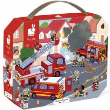 Детски пъзел в куфар Janod - Пожарникари, 24 части