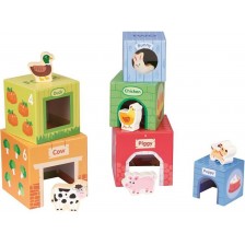 Детски комплект Lelin Toys - Картонени кубчета с дървени животни -1
