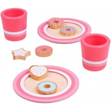 Детски дървен комплект Bigjigs - Мляко и бисквити, розови -1