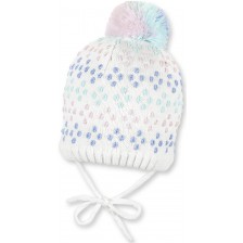 Детска плетена шапка с пискюл Sterntaler - 39 cm, 3-4 месеца, бяла -1