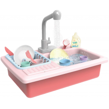 Детска кухненска мивка Raya Toys - С течаща вода и аксесоари, розова -1