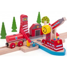 Детски дървен комплект Bigjigs - Морско влаково спасяване при пожар