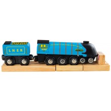 Детска дървена играчка Bigjigs - Парен локомотив, син -1
