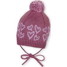 Детска зимна шапка с пискюл Sterntaler - На сърца, 41 cm, 4-5 месеца, розова