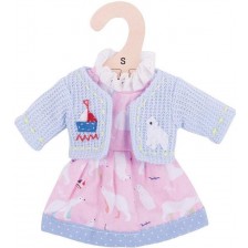 Дреха за кукла Bigjigs - Розова рокля с жилетка, полярна мечка, 25 cm