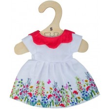 Дреха за кукла Bigjigs - Бяла рокля с цветя и червена яка, 25 cm