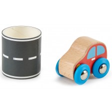 Игрален комплект Hape - Дървена количка с път на стикерна лента