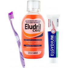 Elgydium & Eludril Комплект - Успокояваща паста и Антиплакова вода, 75 + 500 ml + Четка за зъби, Soft -1
