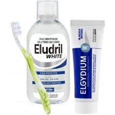 Elgydium & Eludril Комплект - Избелваща паста и Вода за уста, 50 + 500 ml + Четка за зъби, Soft -1