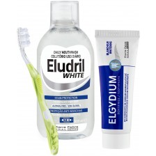 Elgydium & Eludril Комплект - Избелваща паста и Вода за уста, 50 + 500 ml + Четка за зъби, Medium -1