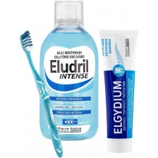 Elgydium & Eludril Комплект - Антиплакова паста и Вода за уста, 100 + 500 ml + Четка за зъби, Medium -1