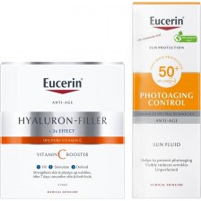 Eucerin Hyaluron-Filler & Sun Комплект - Бустер Vitamin C и Флуид, SPF50, 3 x 8 + 50 ml