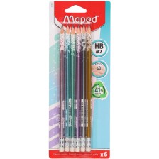 Графитни моливи Maped - Glitter, HB, с гумичка, 6 броя -1
