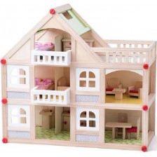 Игрален комплект Woody - Триетажна къща, с балкони, аксесоари и кукли -1