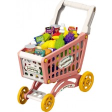 Игрален комплект Market - Количка за пазаруване с продукти, 56 части, розова