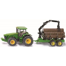 Метална количка Siku - Трактор John Deere с ремарке за дървени трупи, 1:50 -1